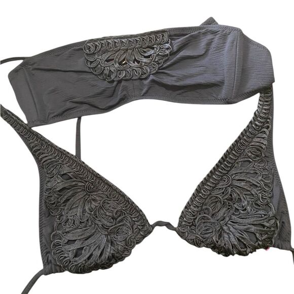 Rare Betsey Johnson Y2K Crochet Gray Cabaret 3 Piece Bikini Set SZ Medium Retro - Picture 8 of 15